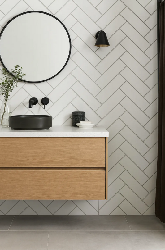 1m x 2.4m Grout Line White Herringbone